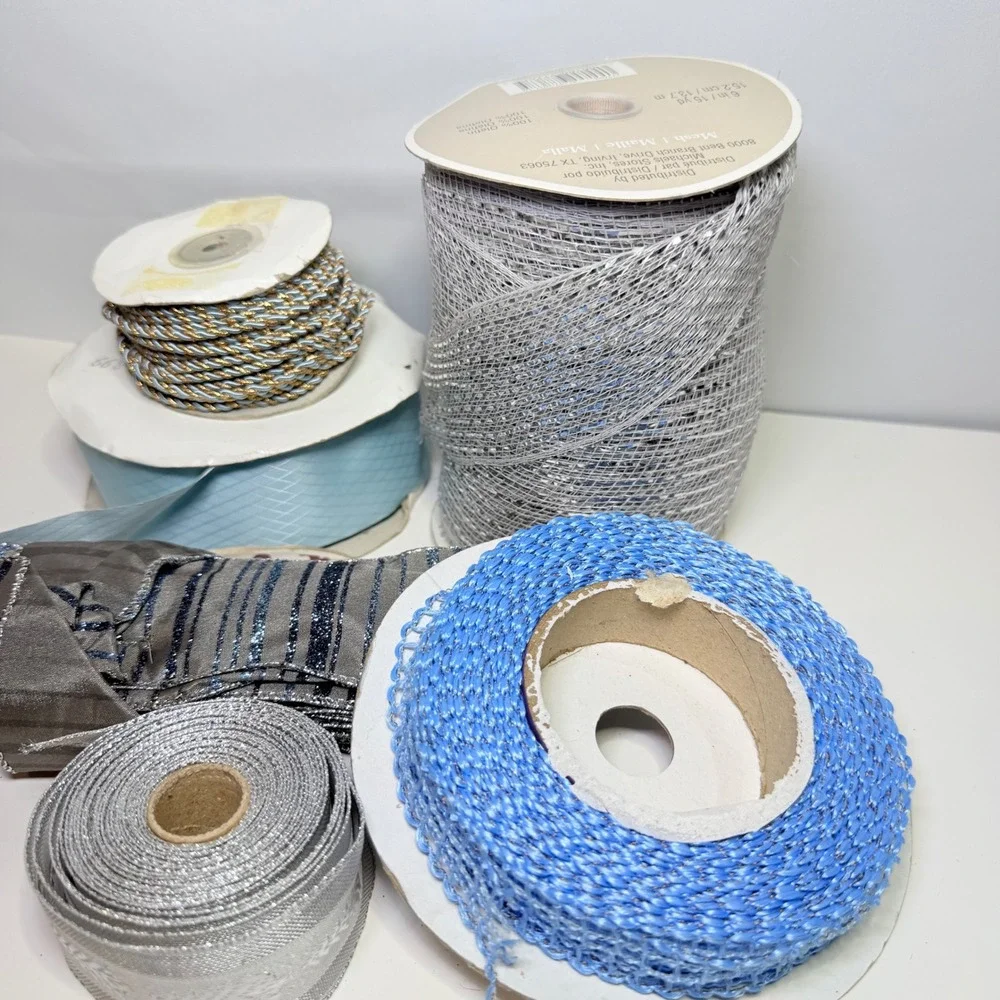 Blue Silver Craft Ribbon Trim Lot Deco Mesh Braided Cord Metallic 6pc Crafting